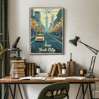 New York City Autumn Taxi Skyline Poster Vintage Wall Art
