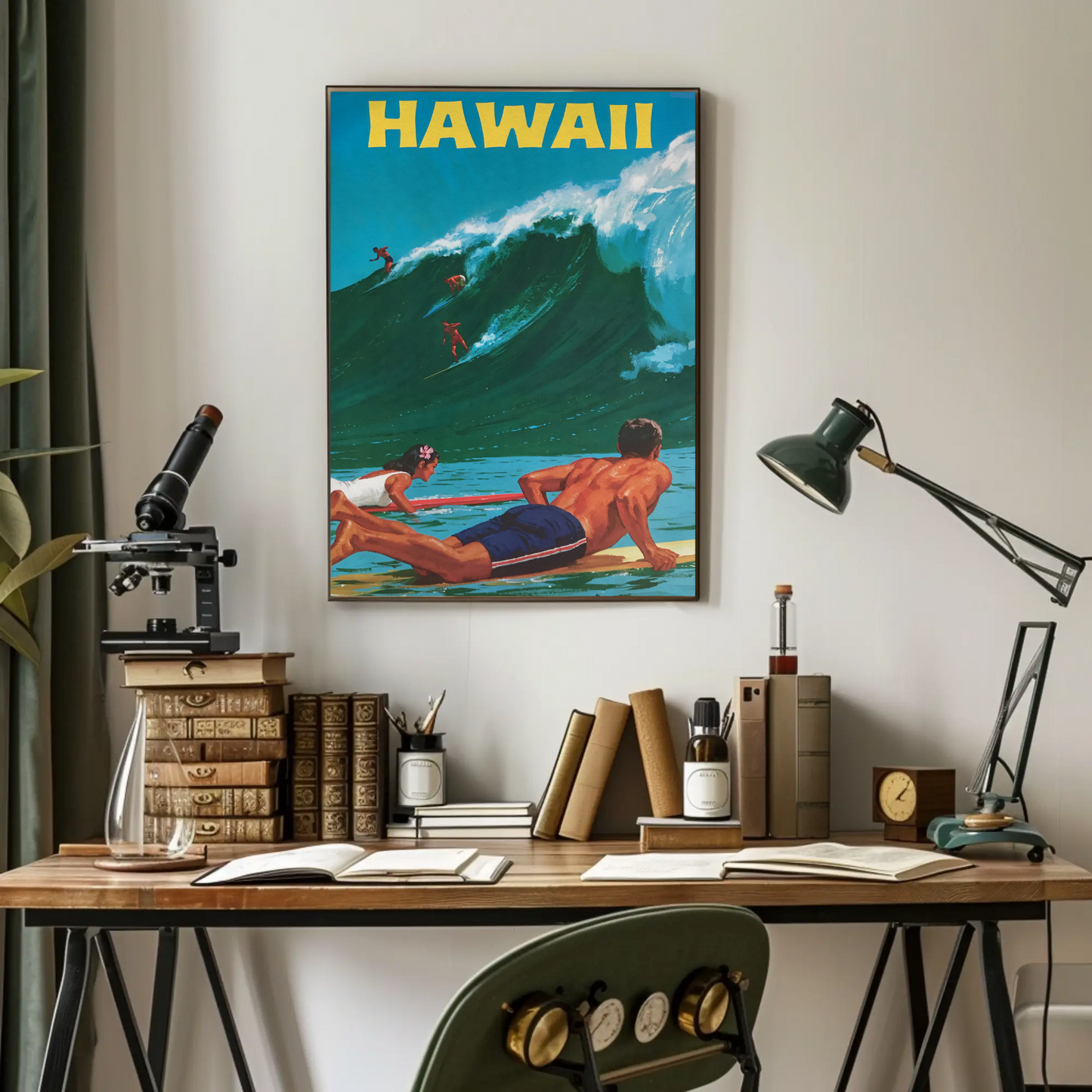 Hawaii Surfers Riding Giant Wave Ocean Travel Poster