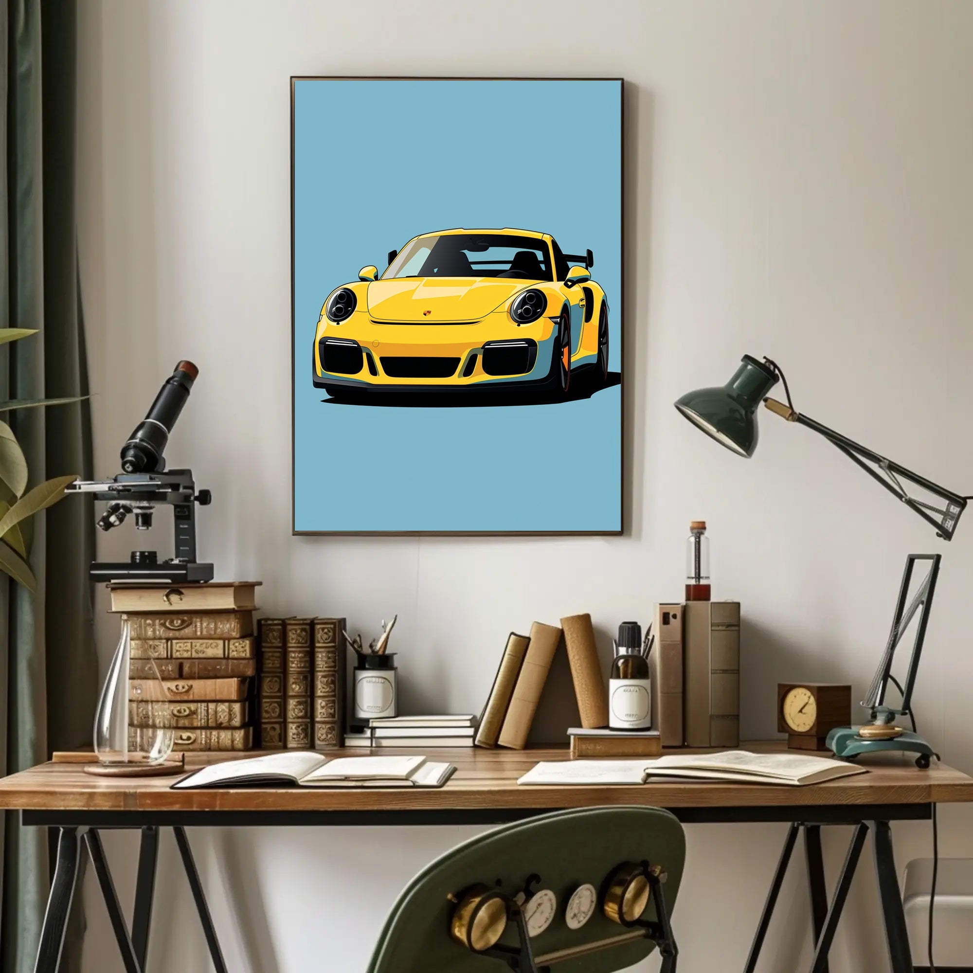 Vibrant Yellow Sports Car Illustration Poster PosterGoat