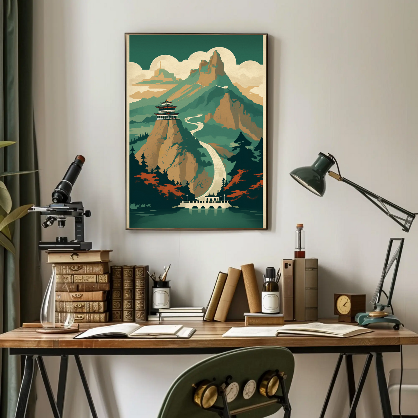 Chinese Mountain Temple Path Scenic View Travel Poster