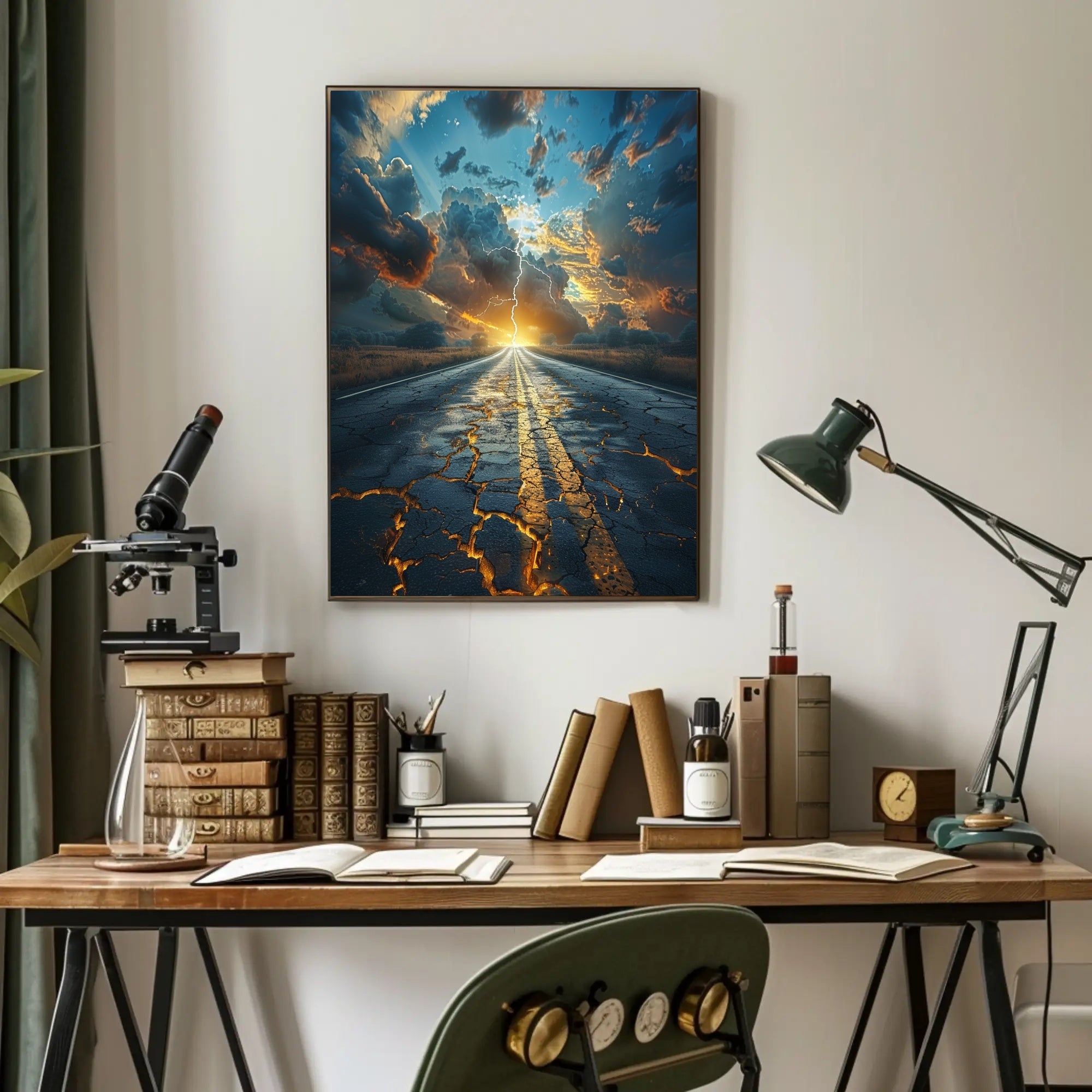 Road Lightning: Dramatic Landscape Surrealism Artistic Poster PosterGoat