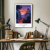 Bucharest Evening Street Scene at Sunset Travel Poster