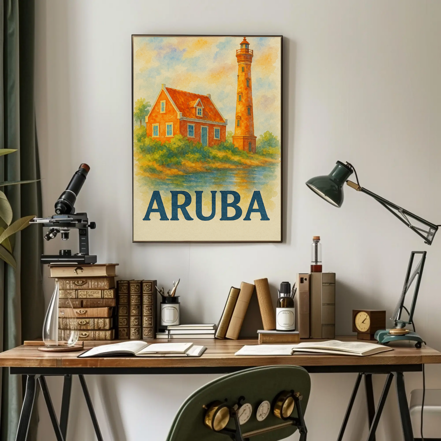 Aruba Lighthouse Ocean Hut Sunset Travel Poster