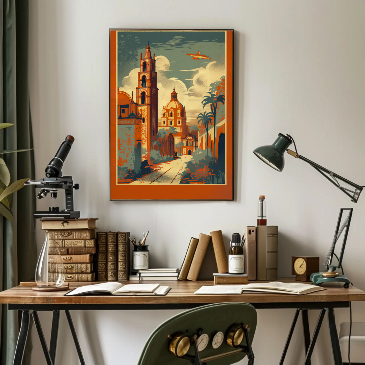 Colonial Cathedral Landmarks Courtyard Palms Plane Travel Poster