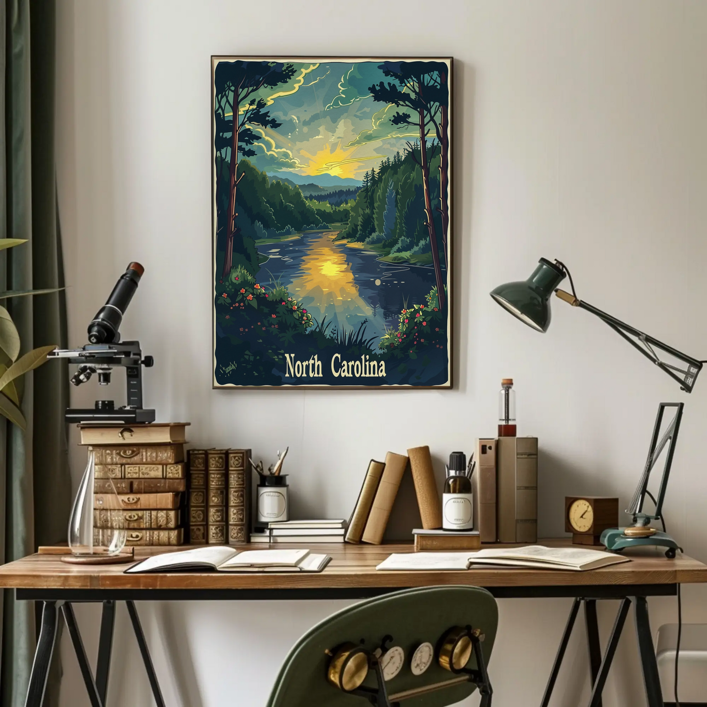 North Carolina Forest River Sunset Travel Poster