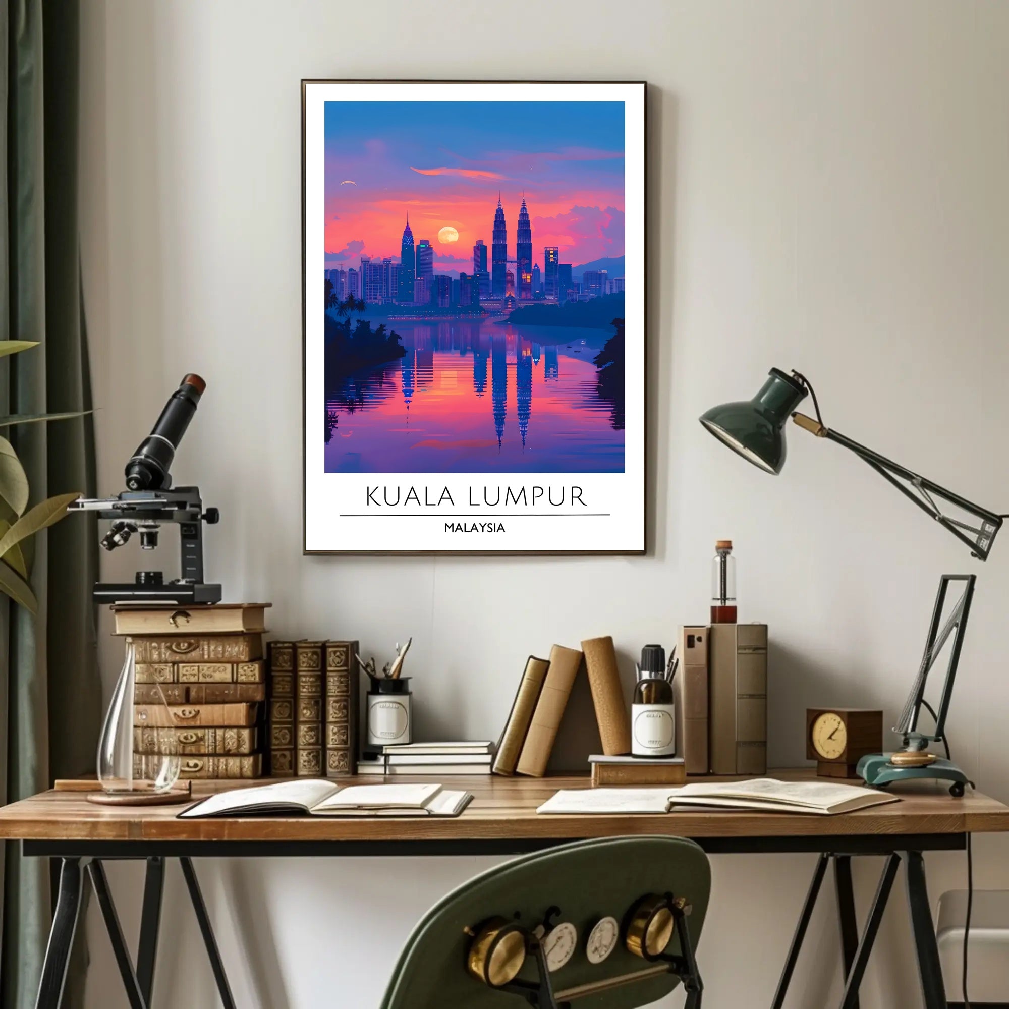 Kuala Lumpur skyline art with sunset urban cityscape poster