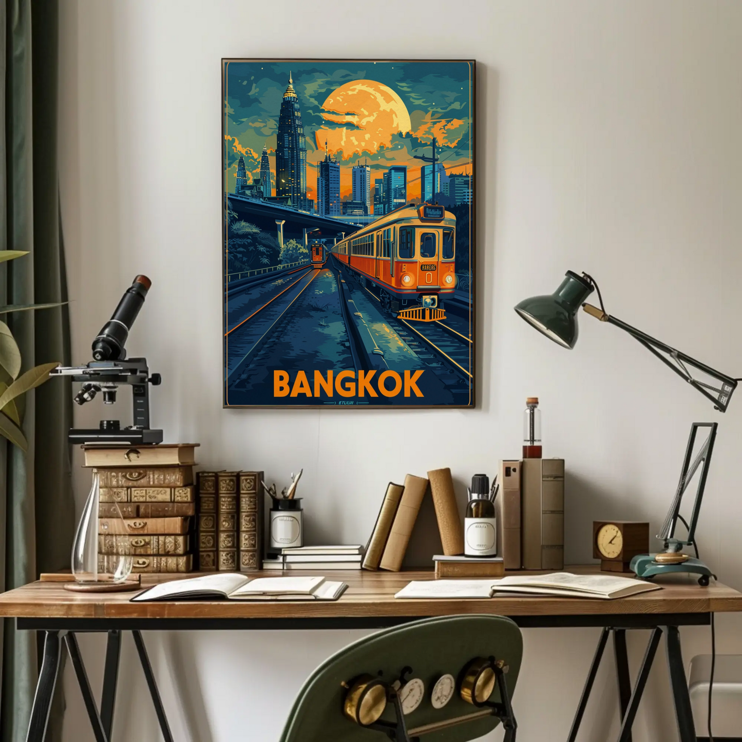 Bangkok Skyline Train Moonlight Glow Travel Poster