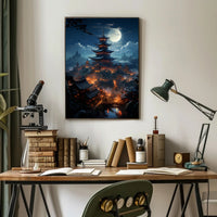 Moonlit Pagoda Village Poster