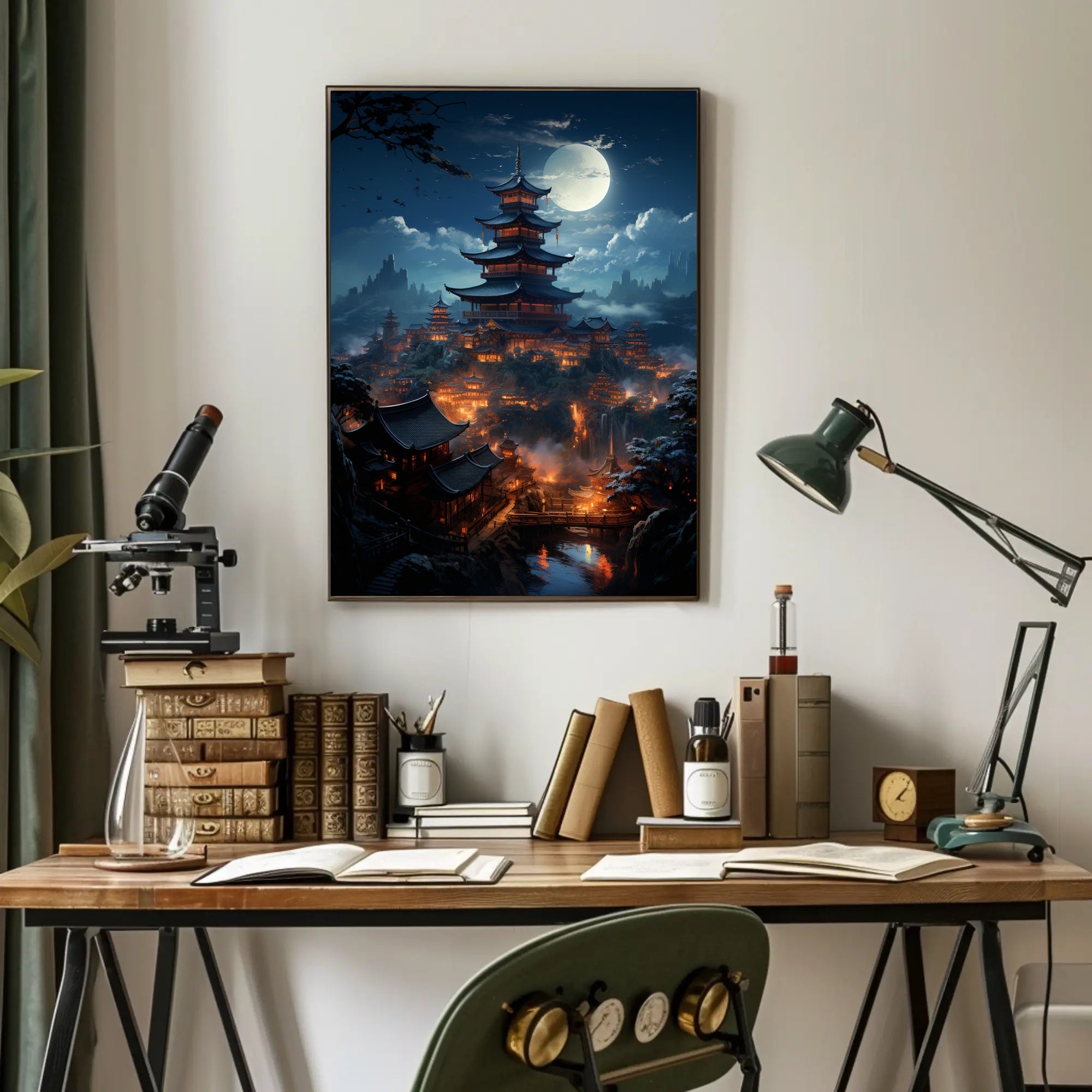 Moonlit Pagoda Village Poster