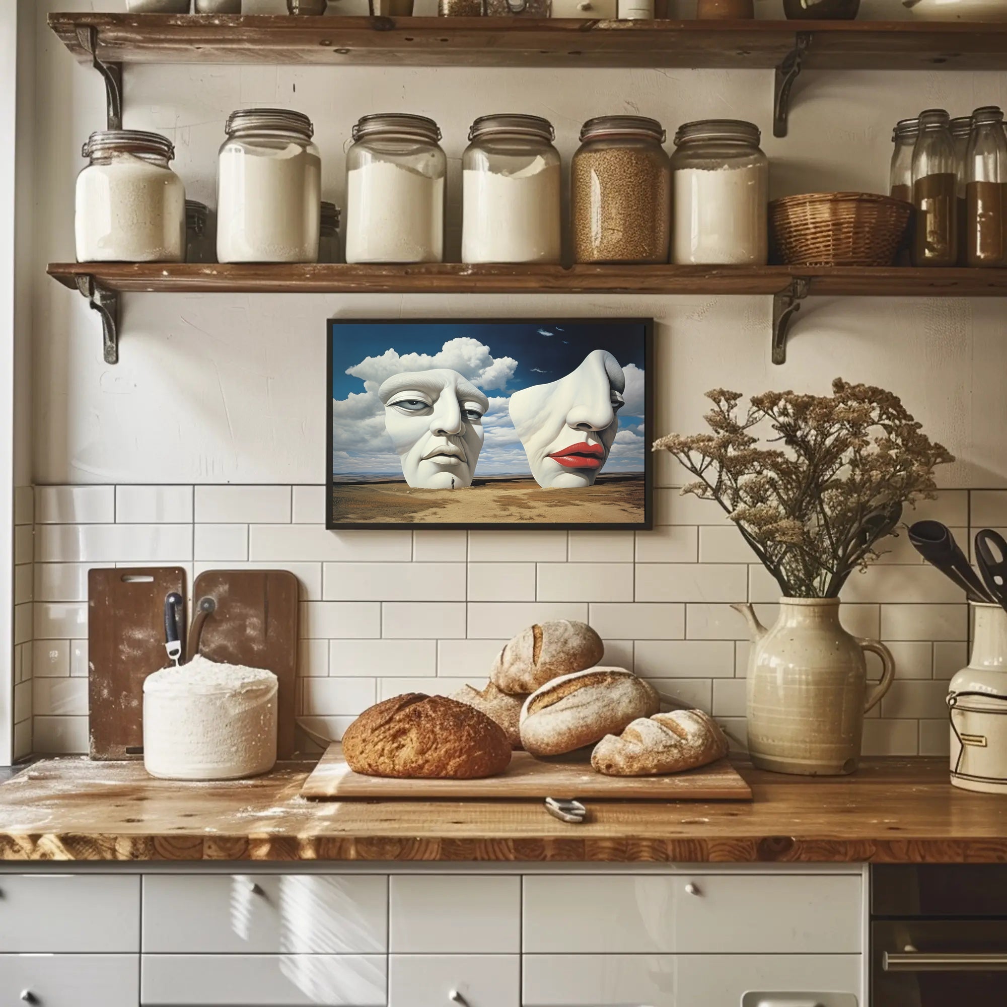 Surreal Sculpted Faces in Desert Landscape Artistic Poster