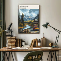 Scenic Yellowstone: Vintage Truck and Rustic Cabin Poster