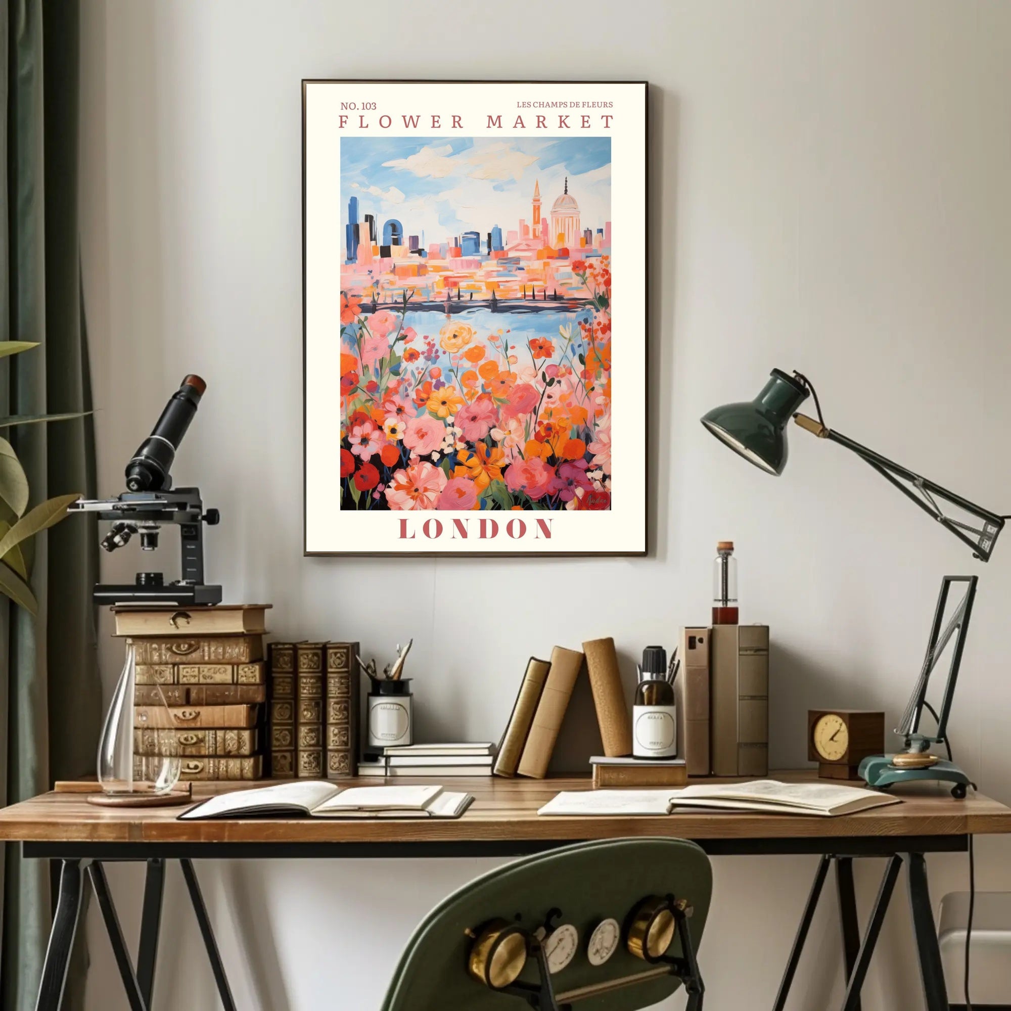 London Flower Market: Vibrant Blooms Against Iconic Skyline Poster