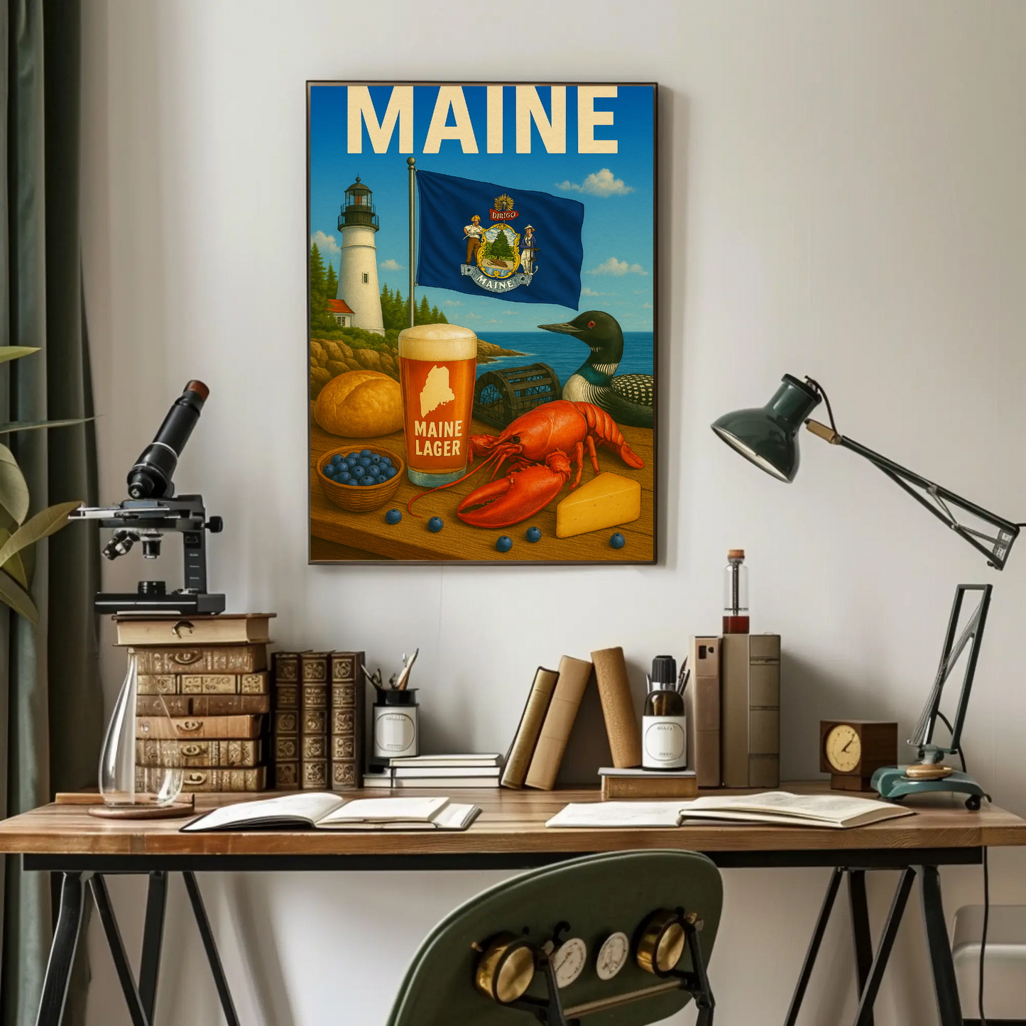Maine Lobster Lighthouse Blueberry Beer Nature Travel Poster