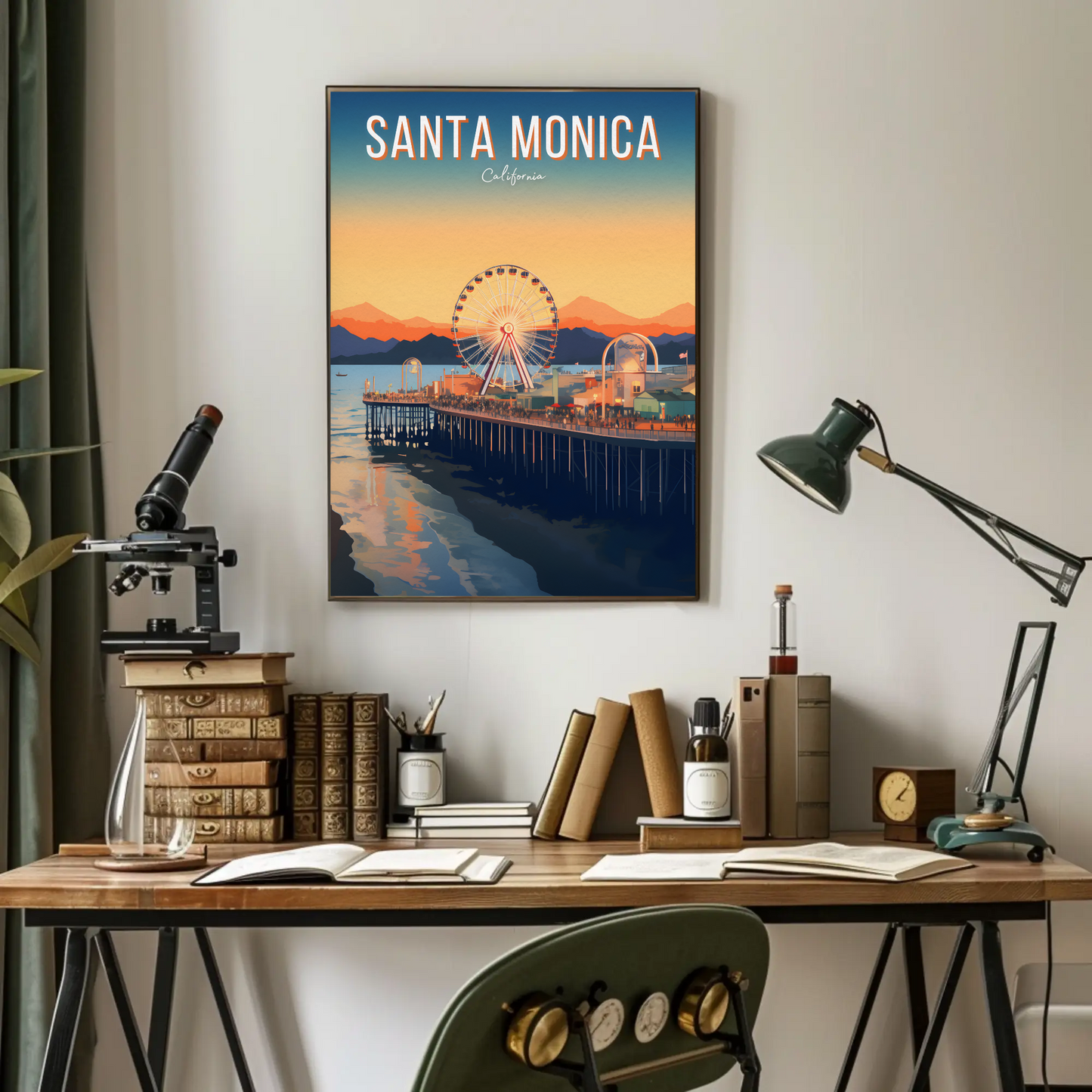 Santa Monica California Pier Sunset Ocean Ferris Poster