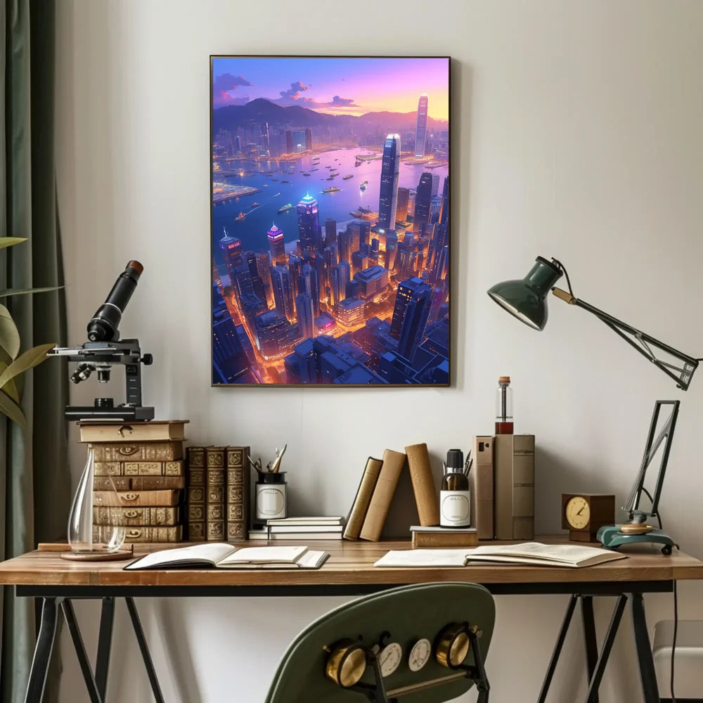 Futuristic Cityscape Poster: Neon Harbor at Dusk