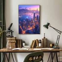 Futuristic Cityscape Poster: Neon Harbor at Dusk
