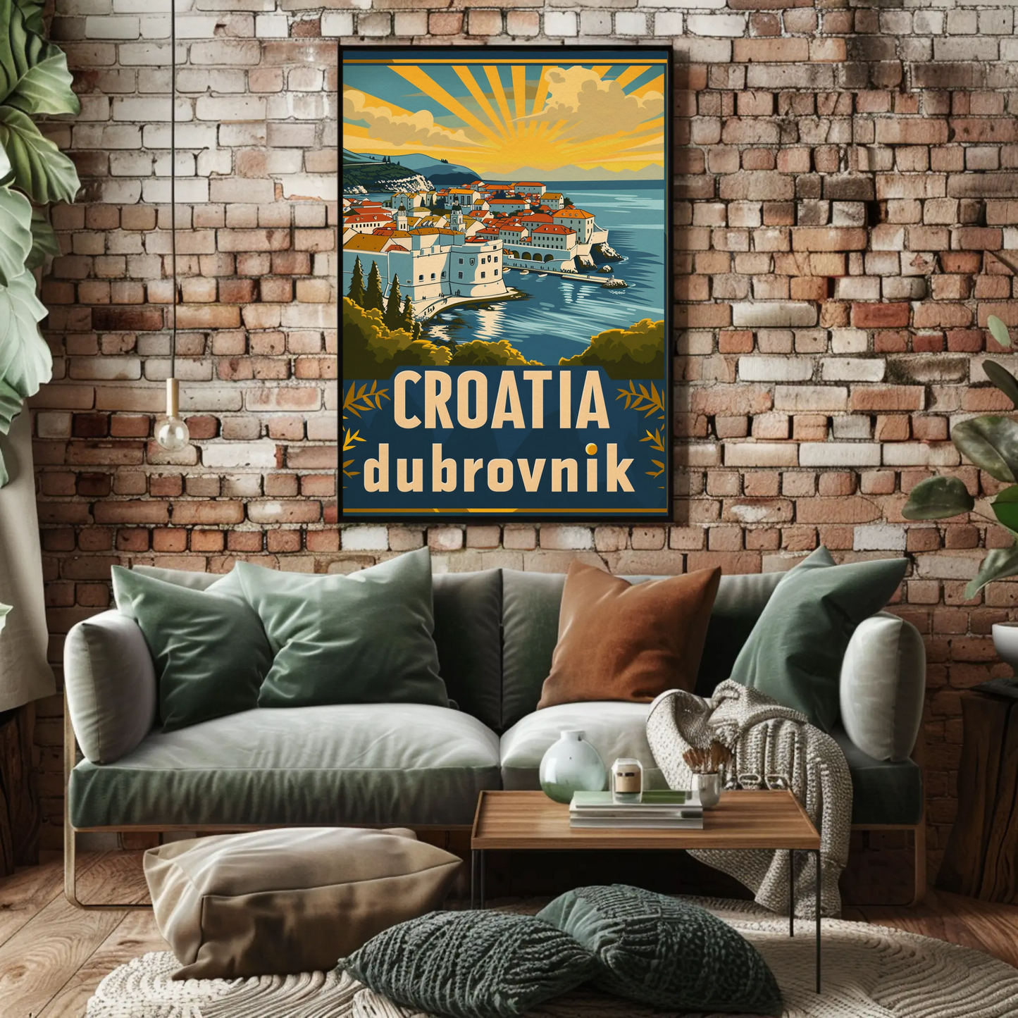 Croatia Dubrovnik Sunset Coastline Vintage Travel Poster
