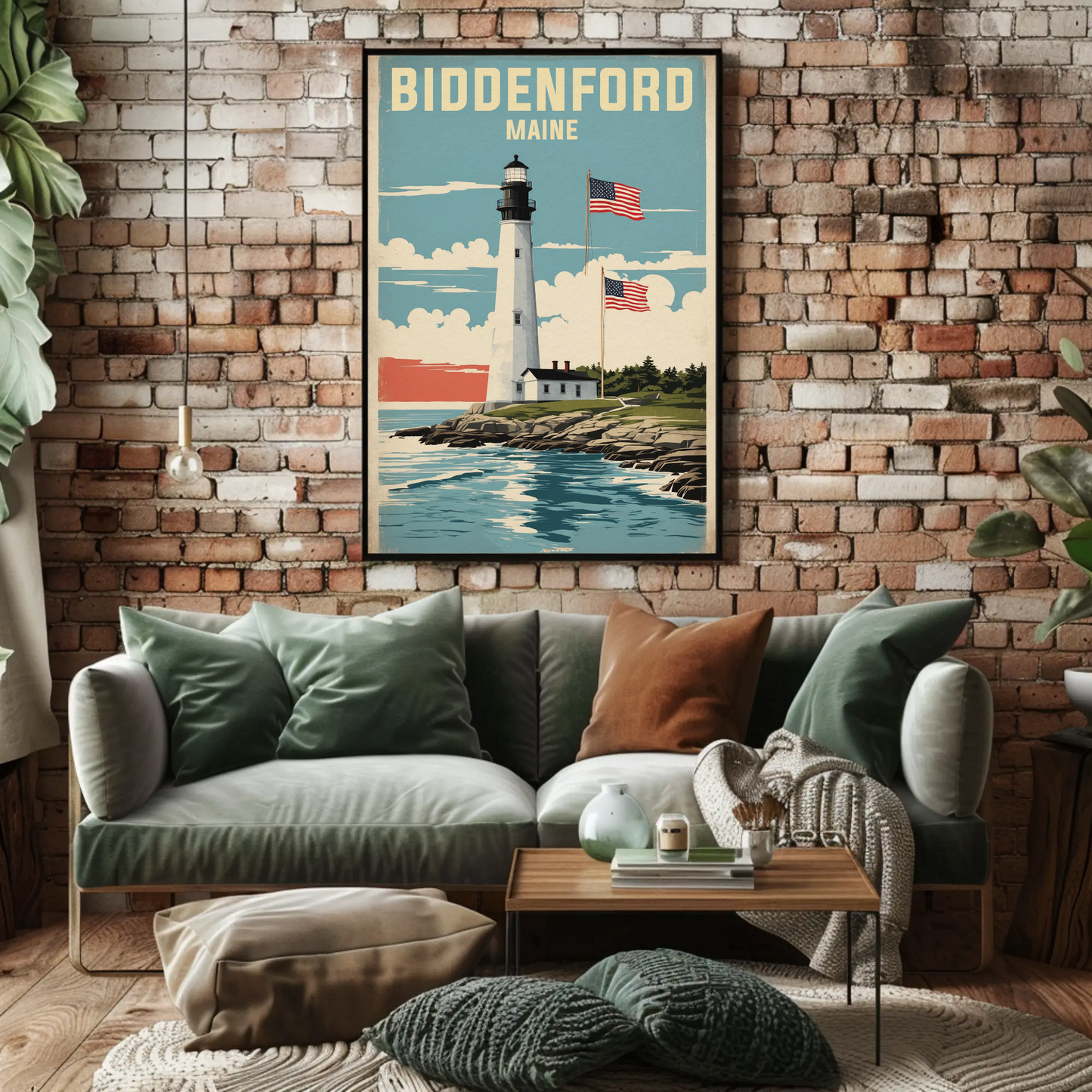 Biddeford Maine Seaside Lighthouse Vintage Travel Poster