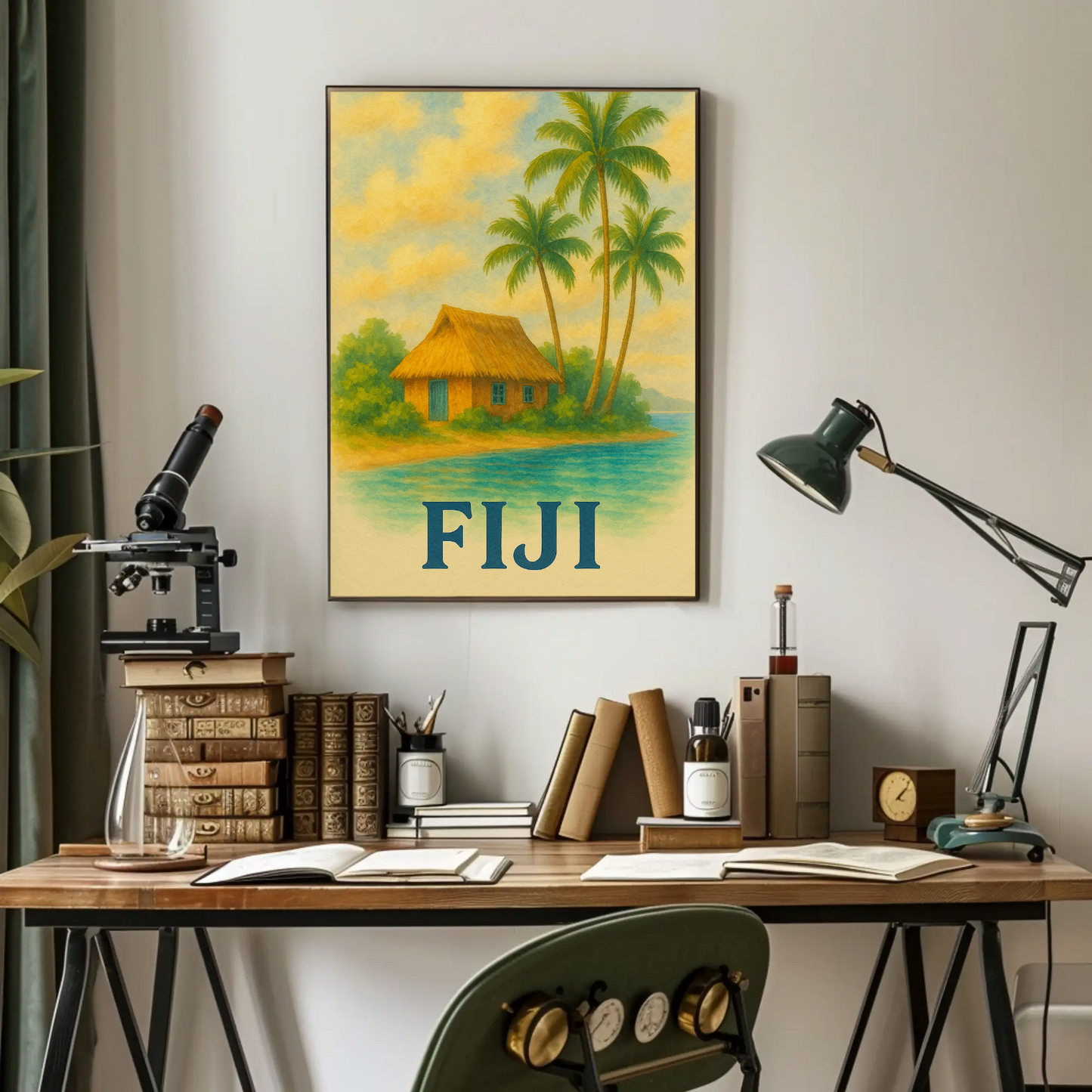 Fiji Tropical Hut Coastline Travel Poster