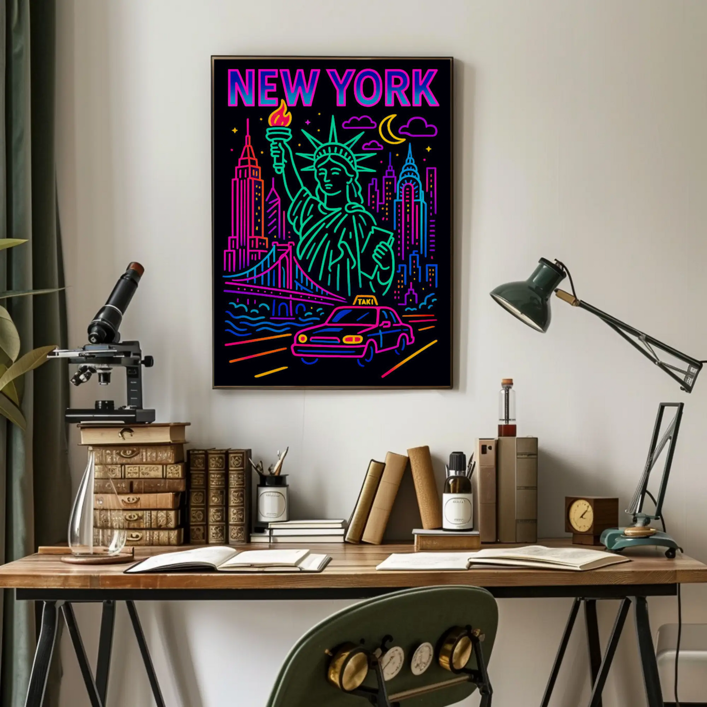 New York Neon Skyline Liberty Taxi Night Lights Travel Poster