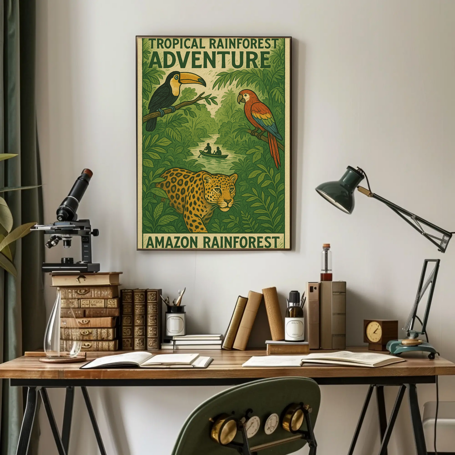 Amazon Rainforest Jaguar Parrots River Poster Poster
