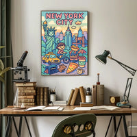 New York City Whimsical Cartoon Poster Modern Wall Art