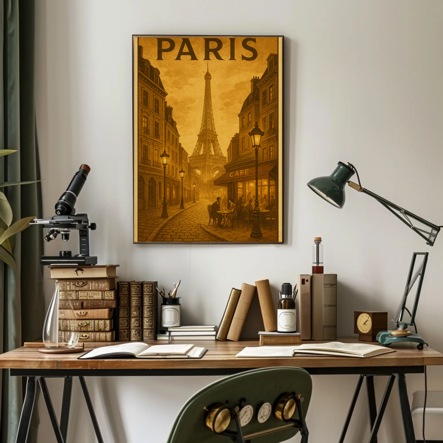 Paris Café Eiffel Sepia Travel Poster
