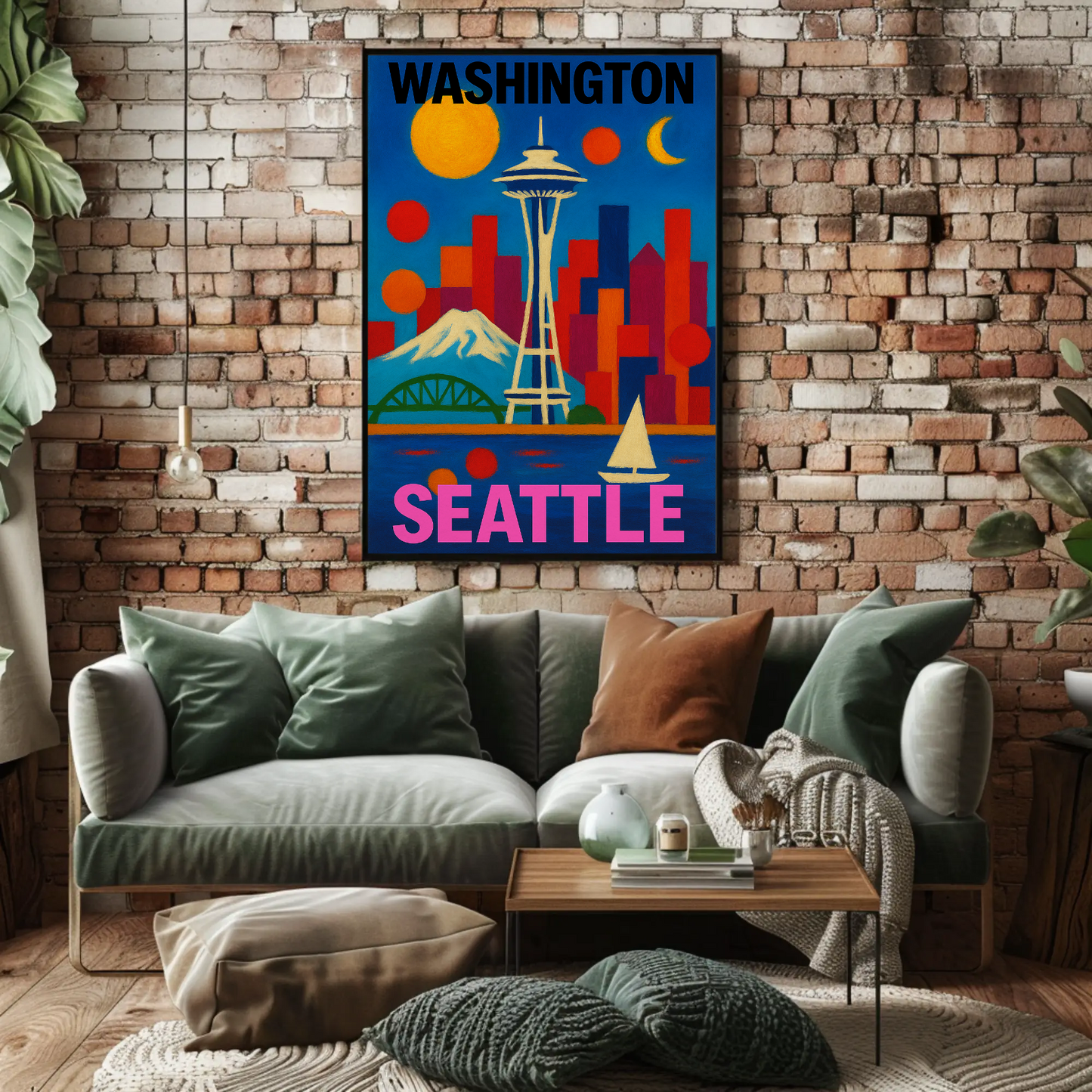 Washington Seattle Space Needle Mountains Sunset Vintage Travel Poster