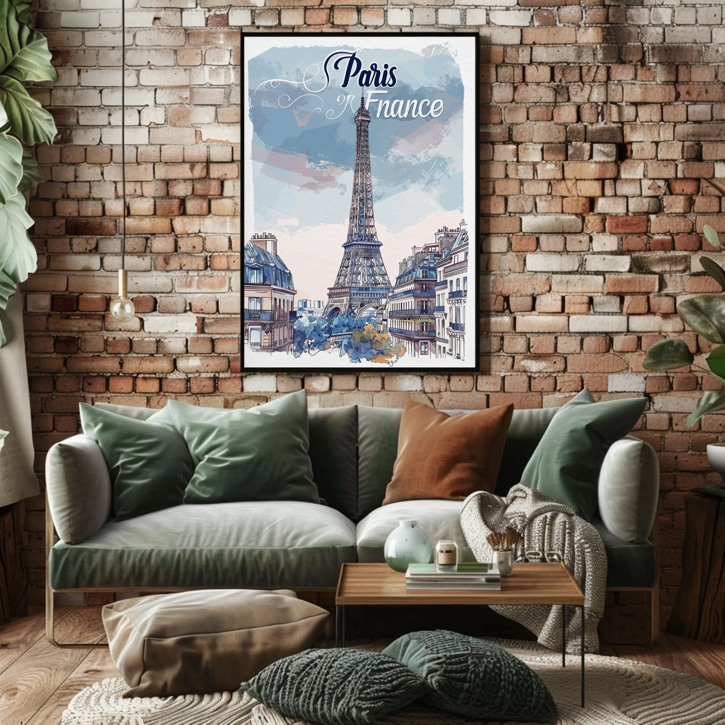 Paris France Watercolor Eiffel Tower View