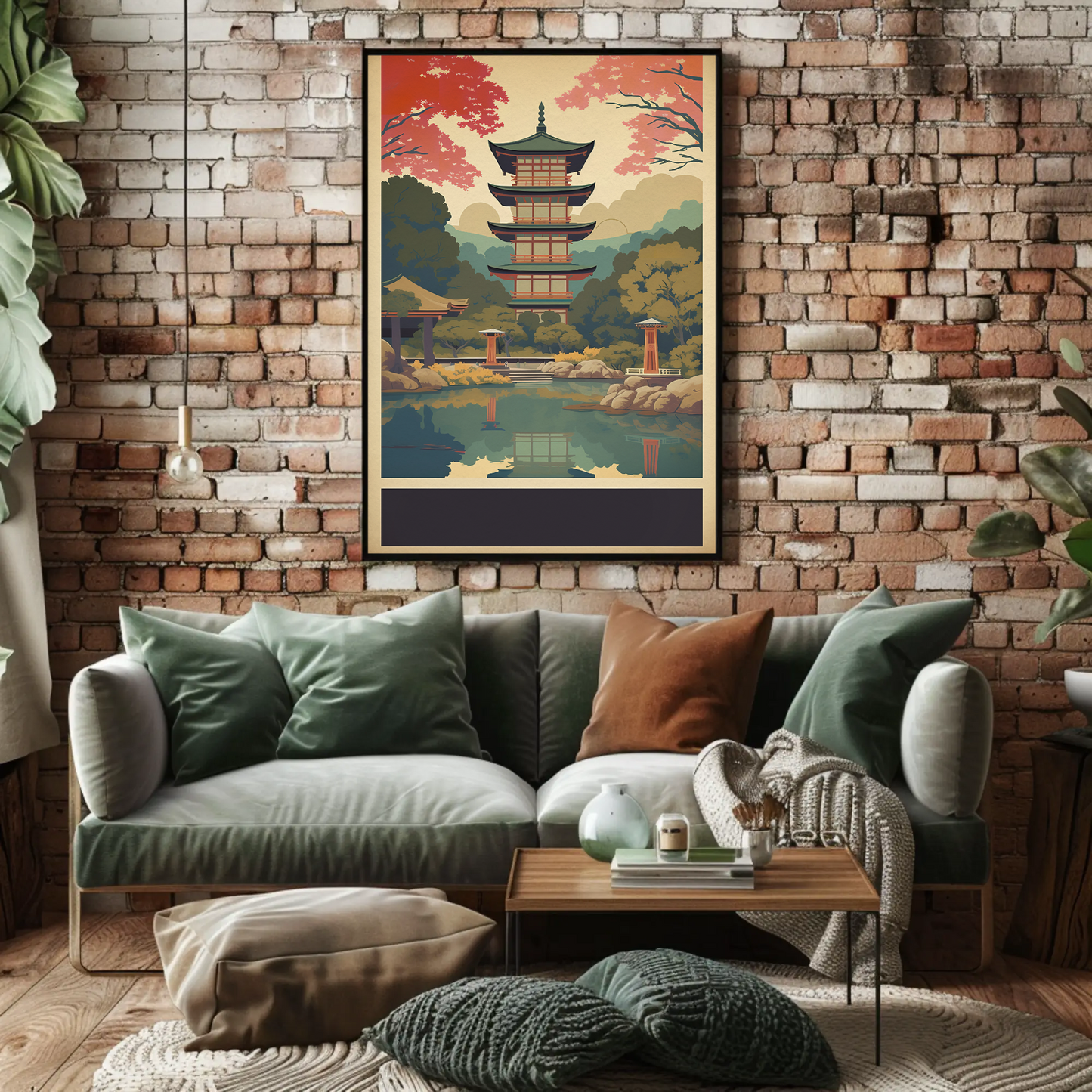 Japan Reflection Pagoda Lake Autumn Vintage Travel Poster