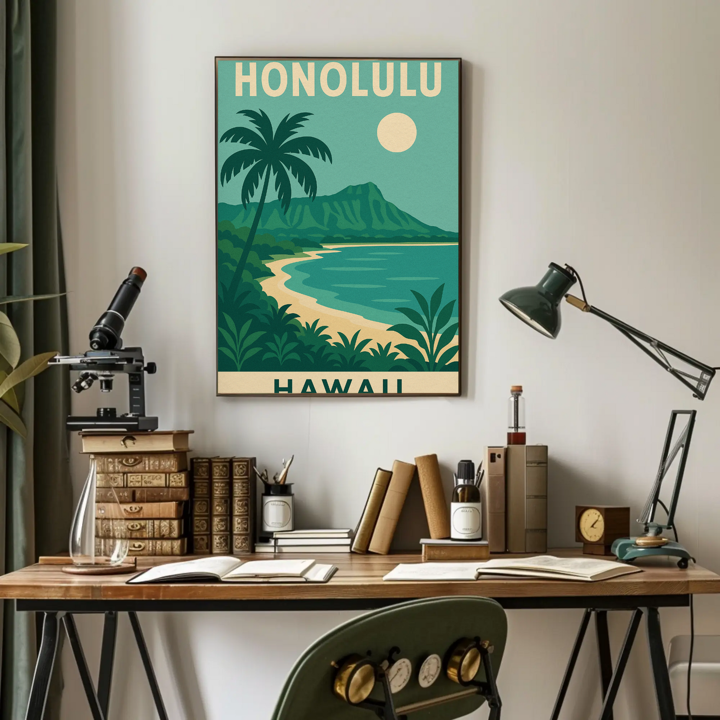Honolulu Hawaii Beach Palm Trees Coastline Travel Poster