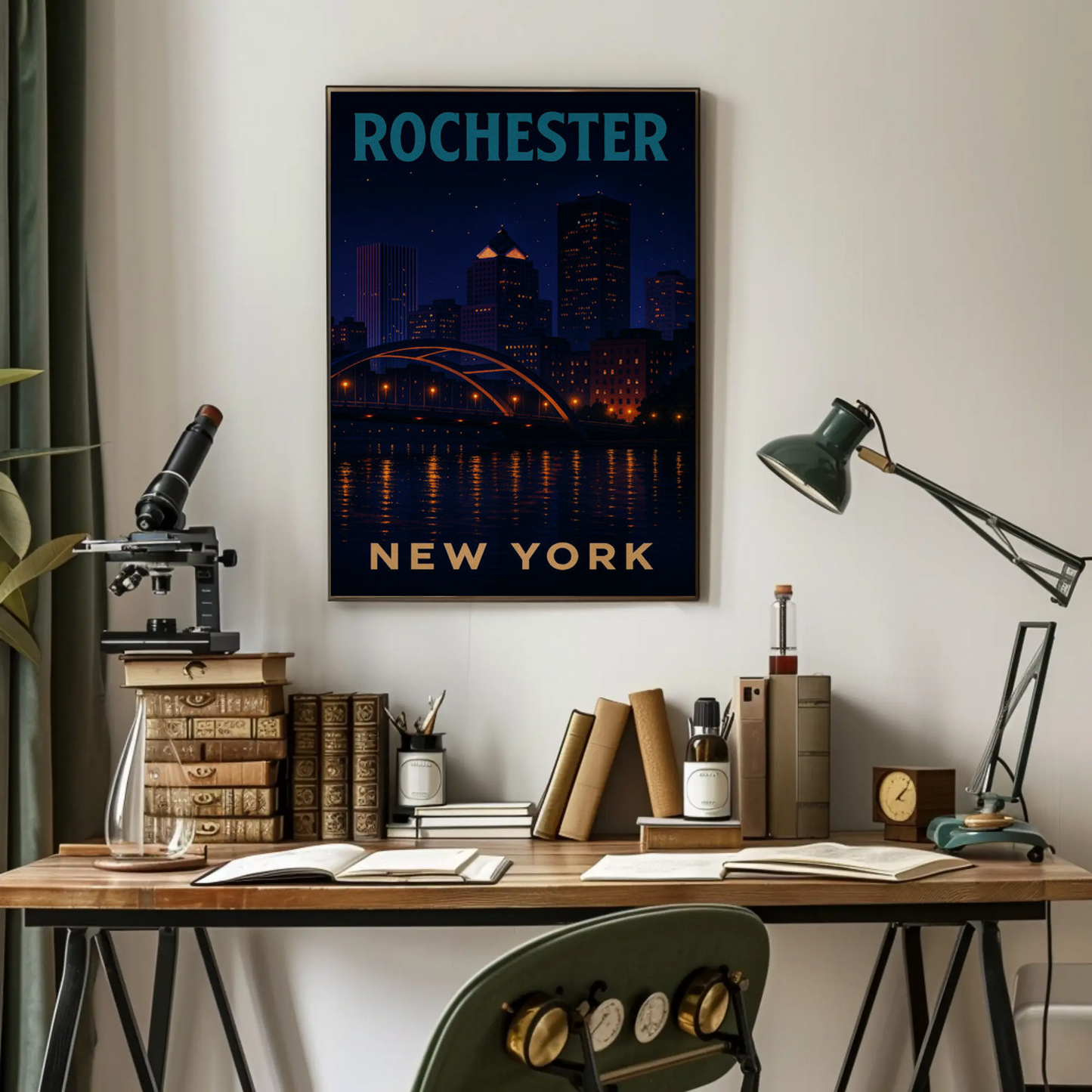 Rochester New York Night Skyline River Lights Travel Poster Travel Poster