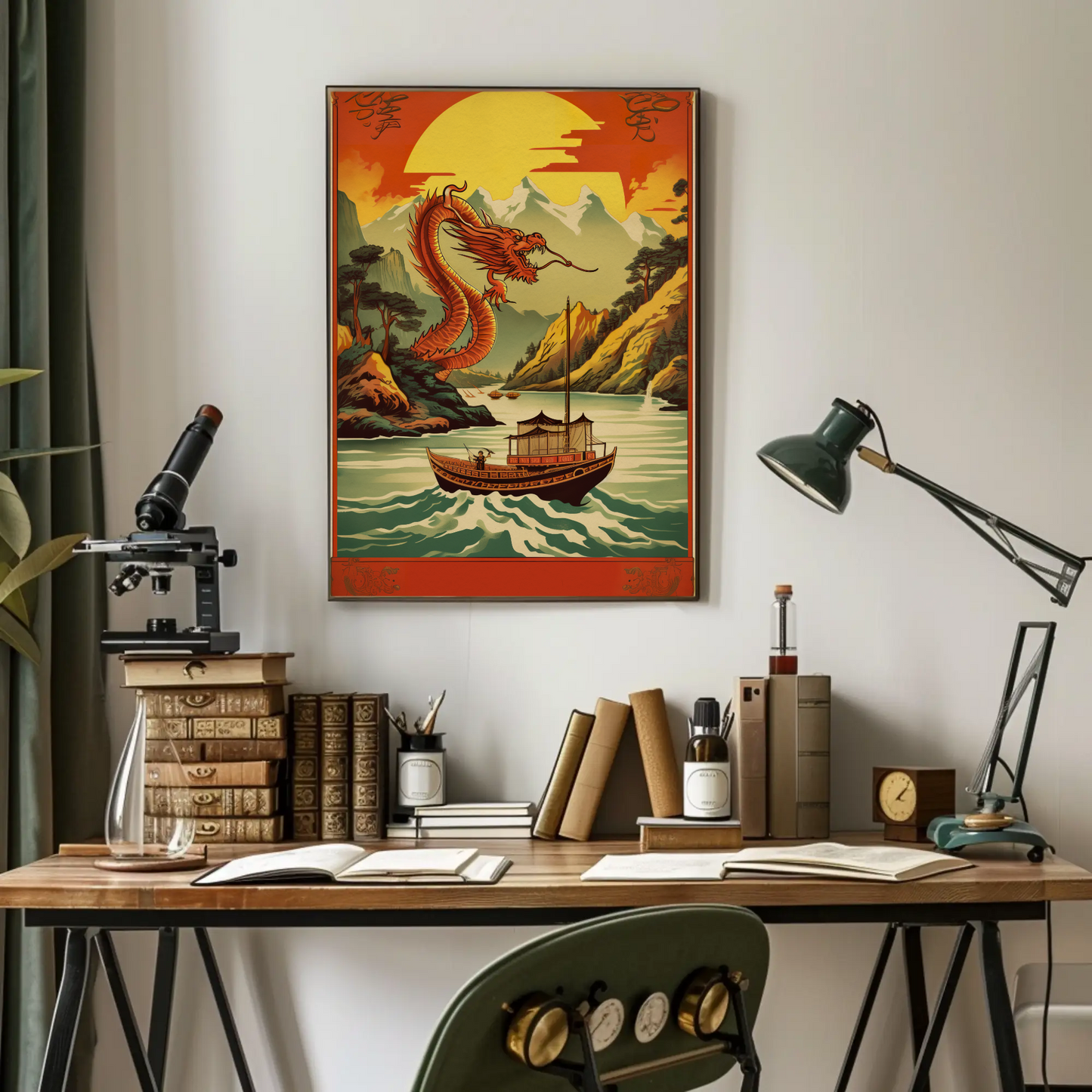 China Dragon River Boat Mountain Sunset Travel Poster