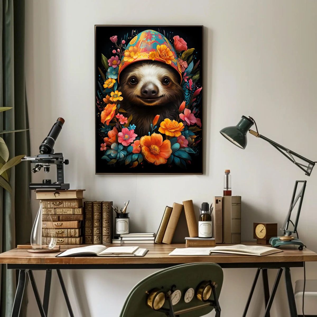 Floral Fiesta Joyful Sloth Whimsical Poster