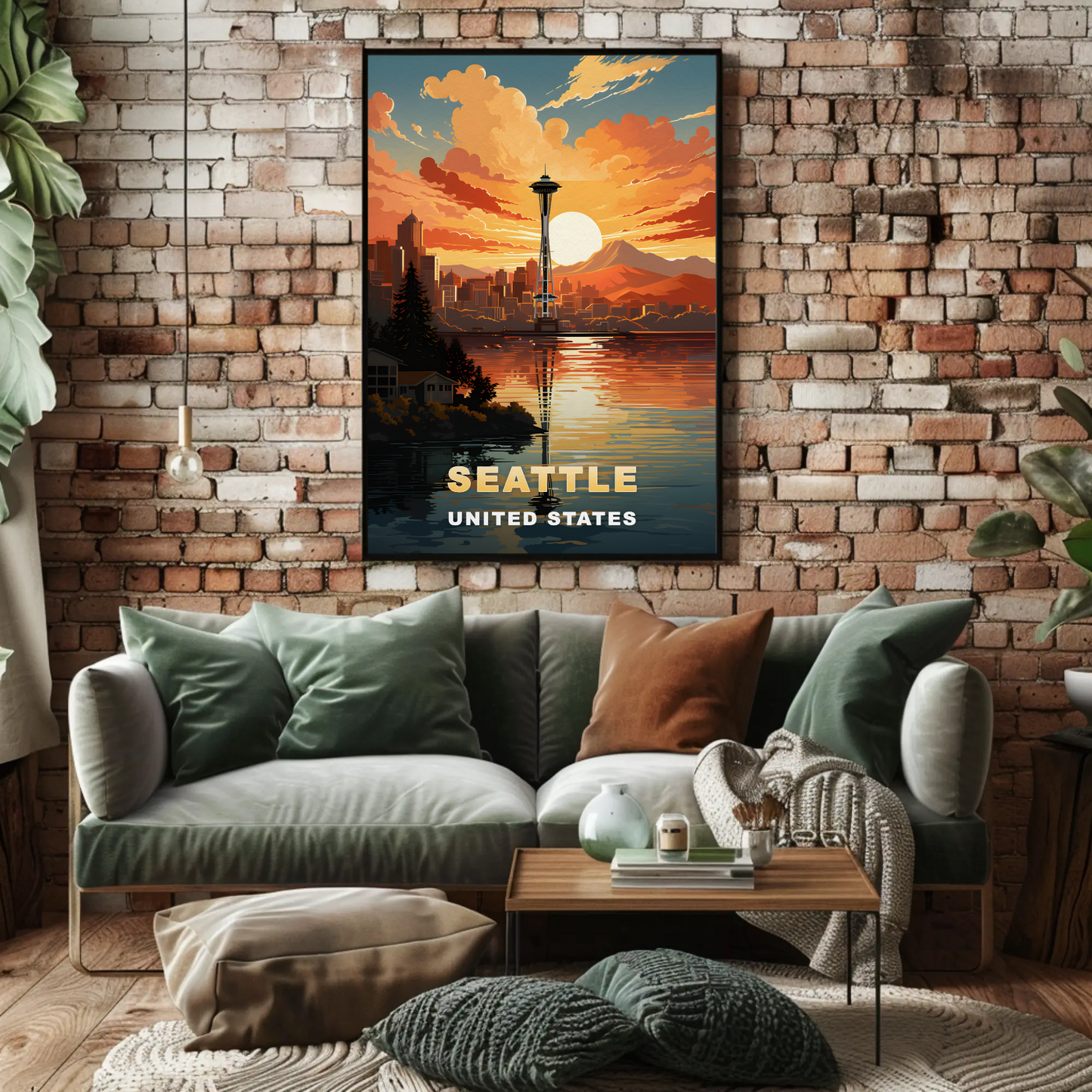Seattle Washington Space Needle Sunset Vintage Travel Poster