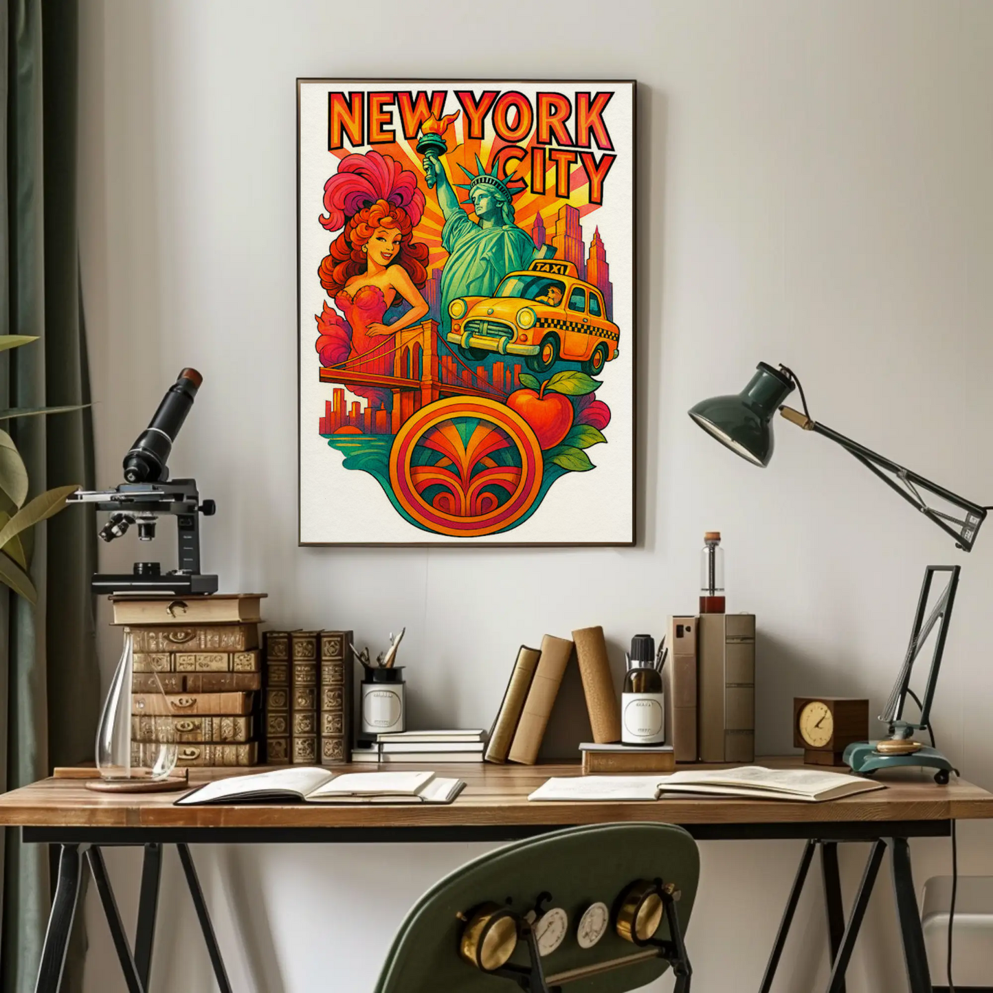 New York City Statue Brooklyn Bridge Vintage Taxi Travel Poster