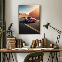 Sleek Red Sports Car on Desert Highway Poster PosterGoat