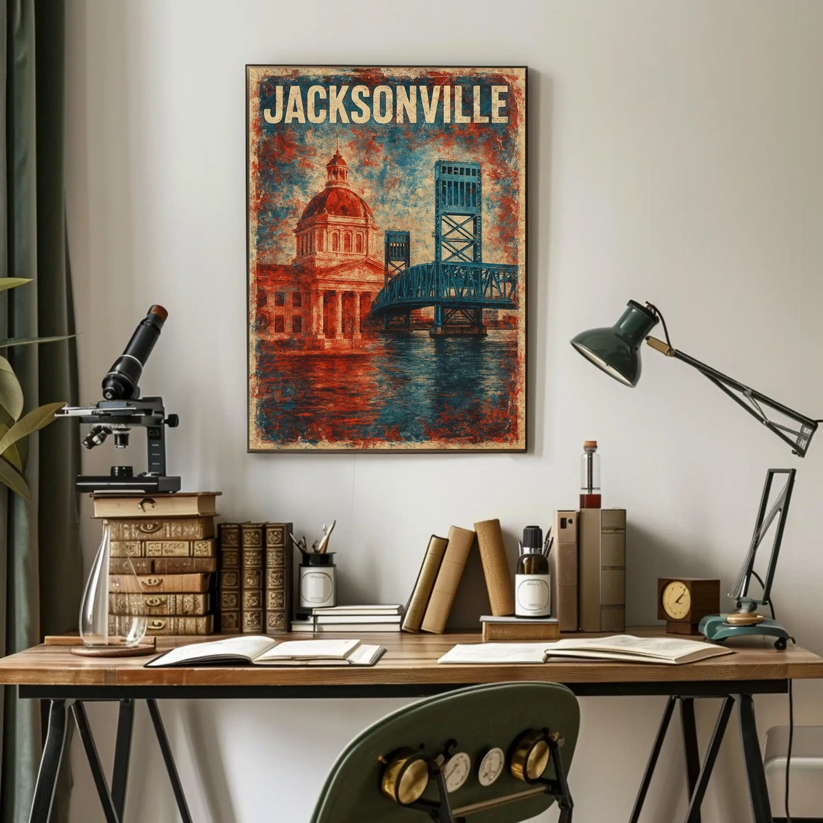 Jacksonville Landmarks Americana Cityscape Watercolor Florida Skyline Heritage Texture Patriotic Poster