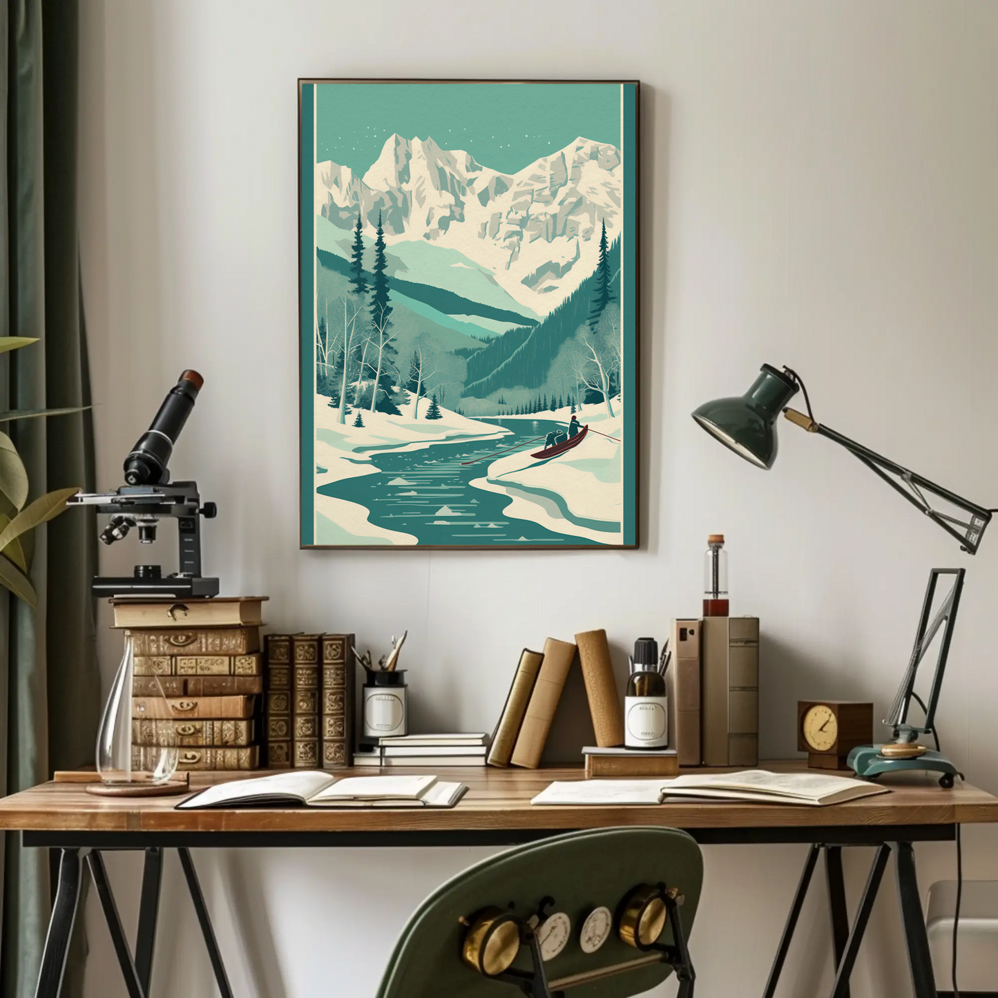Snowy Alpine Mountain Rowboat Scene Travel Poster