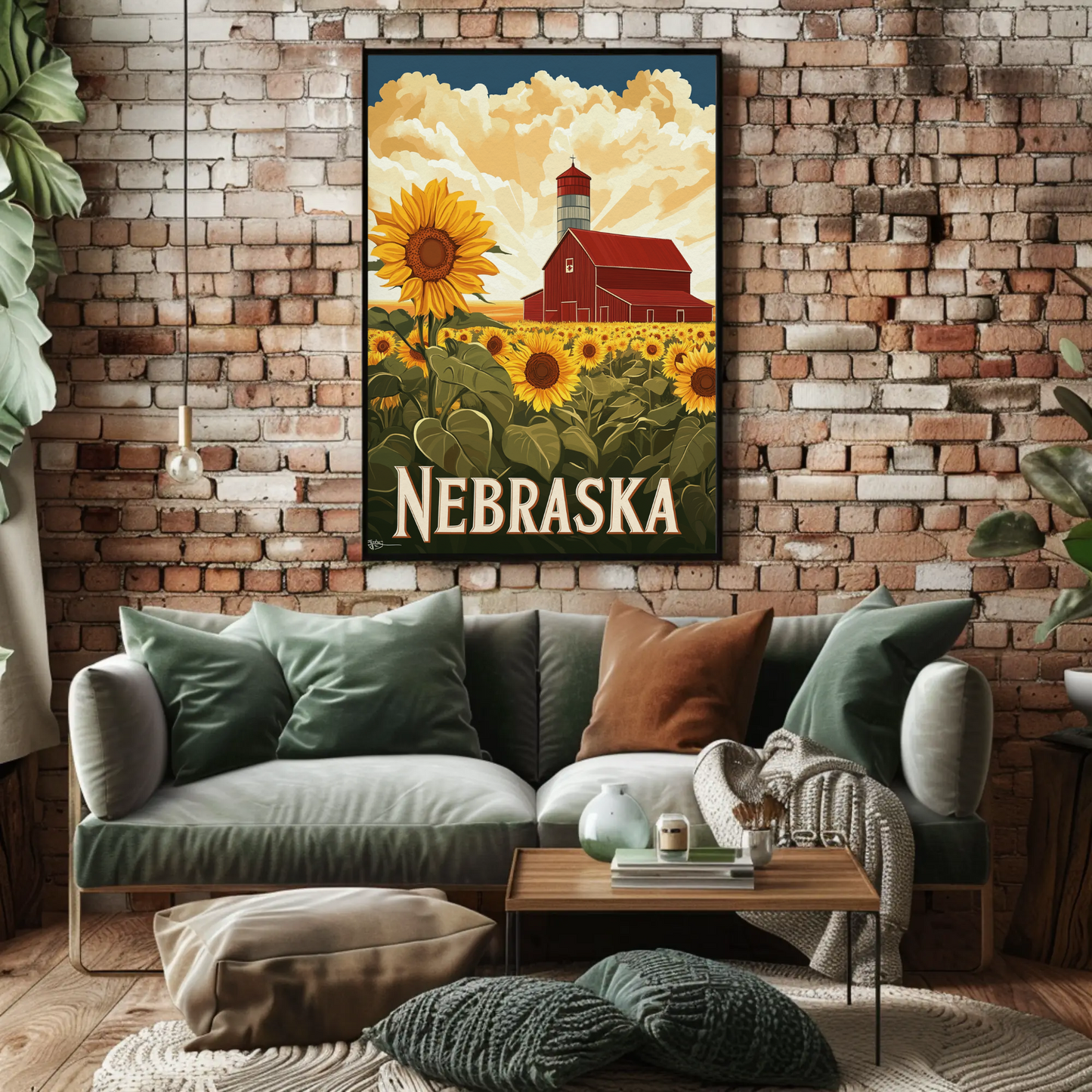 Nebraska Vintage Poster - Sunflower Barn