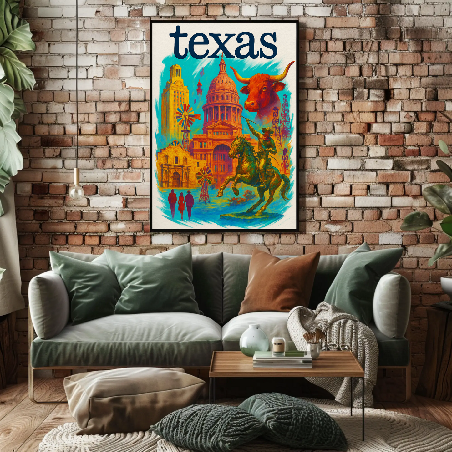 Texas Capitol Cowboy Longhorn Windmill History Vintage Travel Poster