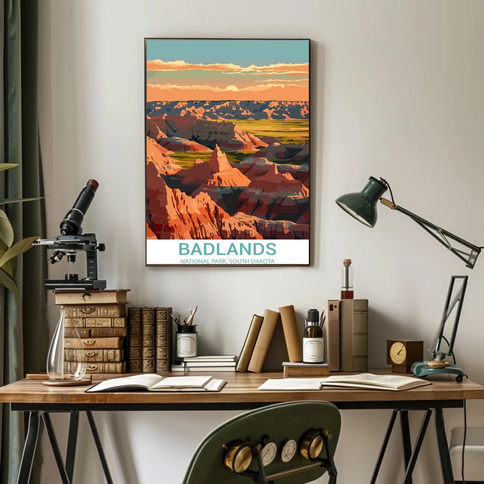 Stylized Sunset Badlands National Park Landscape Poster