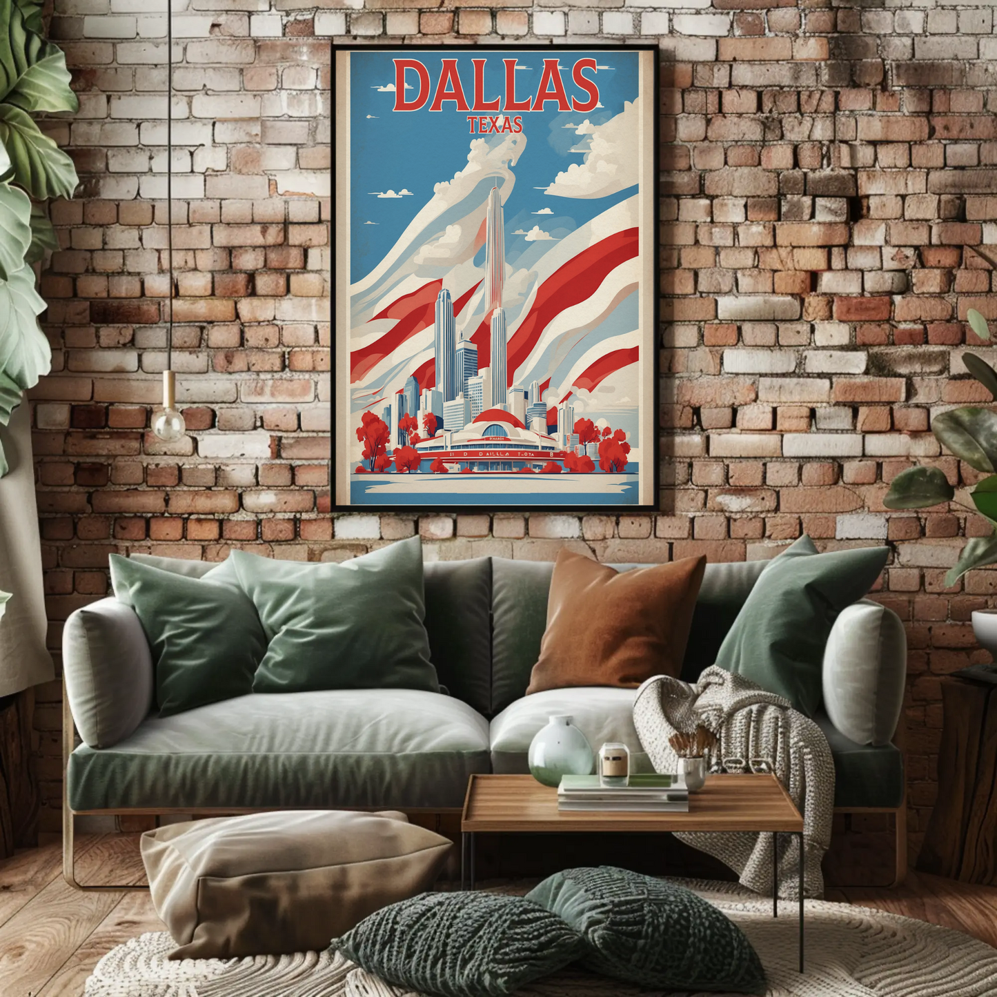 Dallas Texas Skyline Red White Blue Vintage Travel Poster