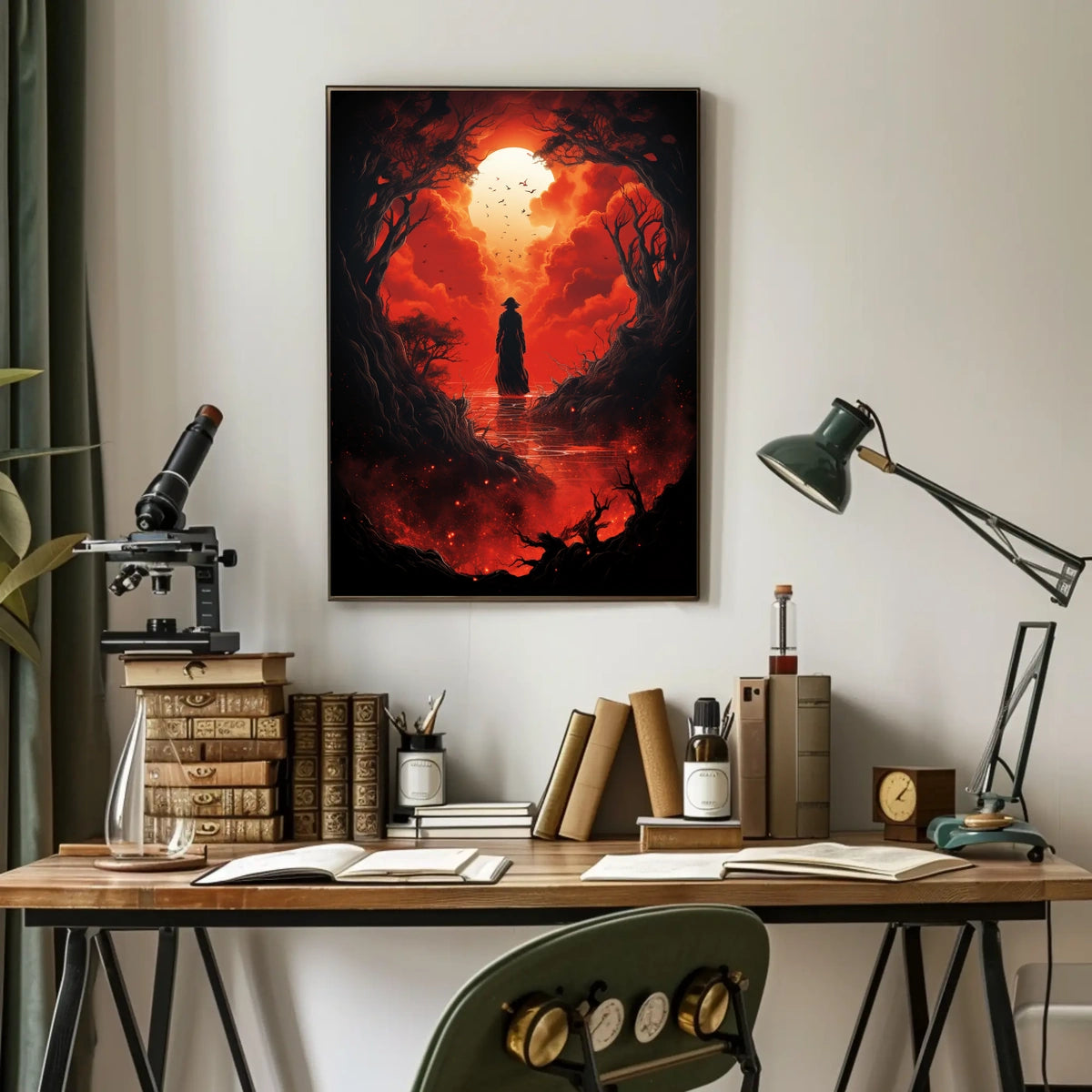 Wandering Traveler in Fiery Fantasy Landscape Poster