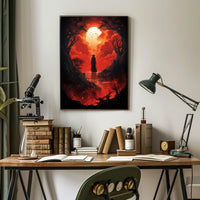 Wandering Traveler in Fiery Fantasy Landscape Poster