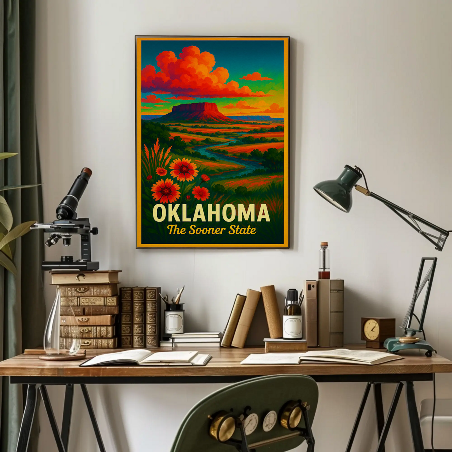 Oklahoma Sooner State Wildflowers Sunset Prairie Travel Poster