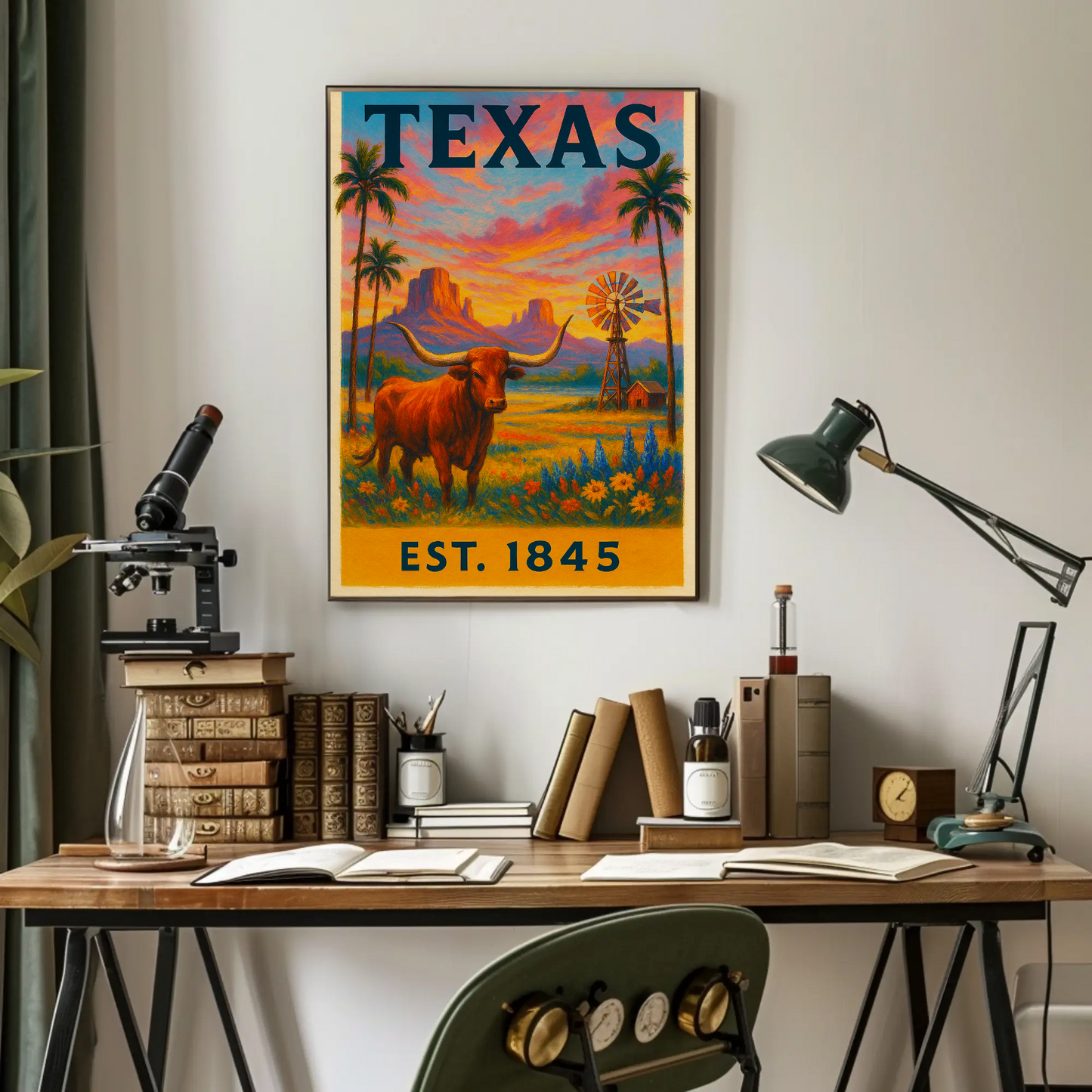 Texas Sunset Longhorn Windmill Landscape Travel Poster