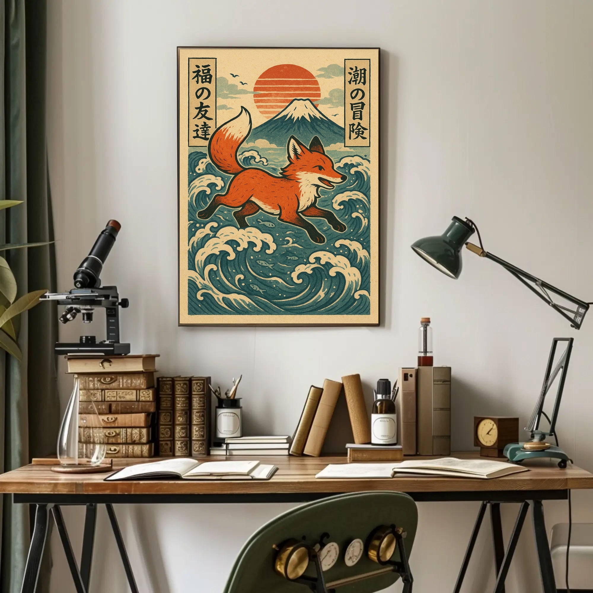 Fox Adventure in Japanese Waves Poster PosterGoat