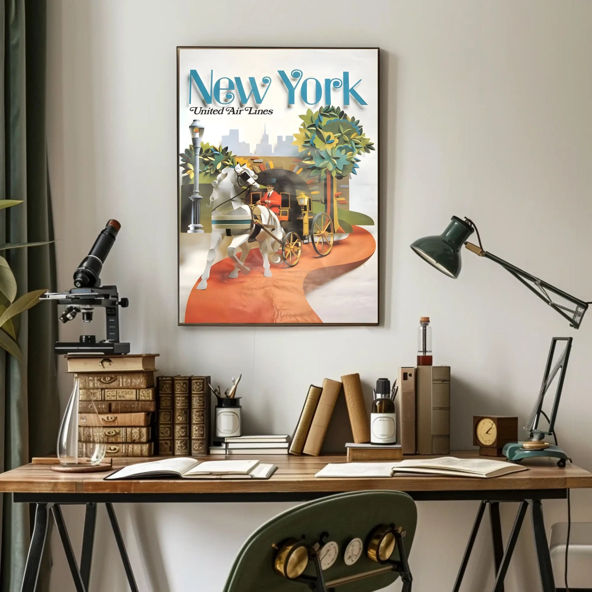 New York Skyline Carriage Travel Poster Vintage Wall Art