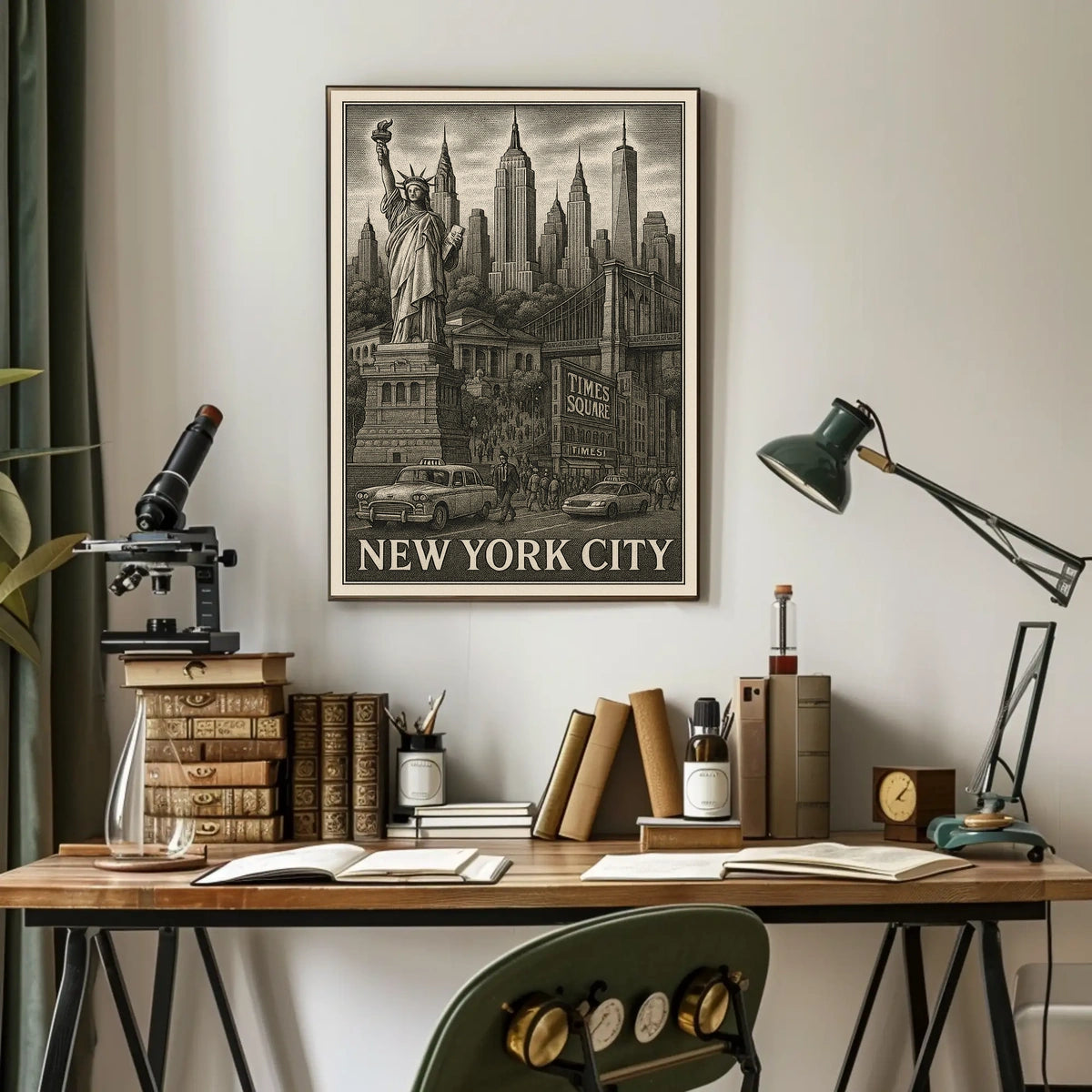 New York City Landmarks Engraved Poster Vintage Wall Art